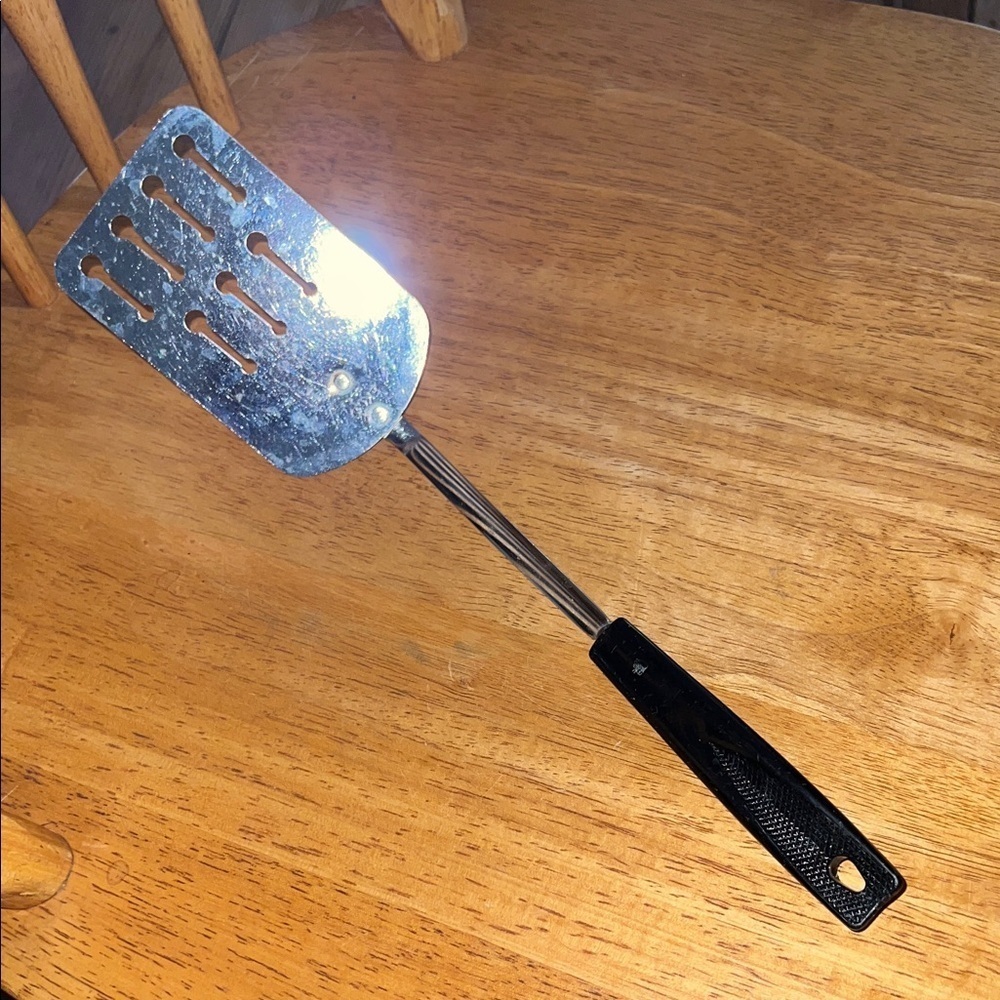 Vintage Ekco Long Black Handled Slotted Metal Spatula Made in USA